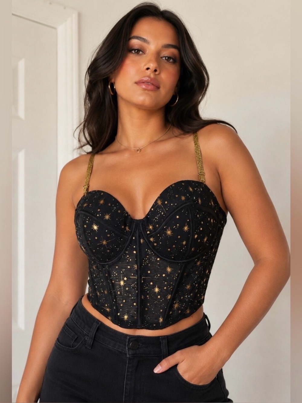Celestial Gold Star Mesh Bustier Corset Top Black Size XL festival witchy goth